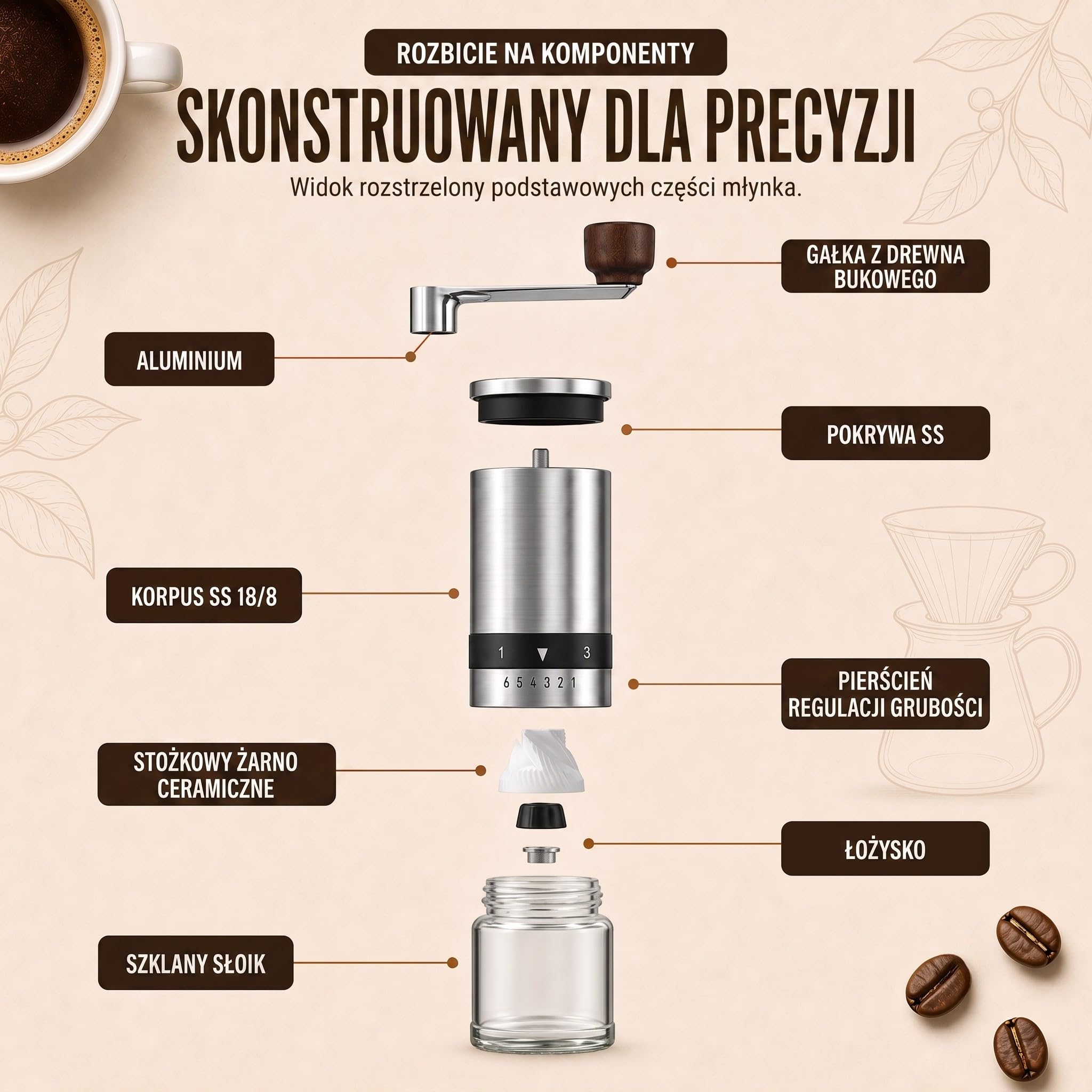 Ręczny młynek do kawy z 2 szklanymi pojemnikami, stal nierdzewna, ceramiczny mechanizm mielący do espresso, do kawy filtrowanej, francuskiej prasy na kemping (srebrny, z 2 pojemnikami)