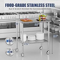 Vista 3 de Mesa de trabajo de acero inoxidable con ruedas, mesa de preparación de cocina NSF de 24 x 36 pulgadas con estante inferior ajustable