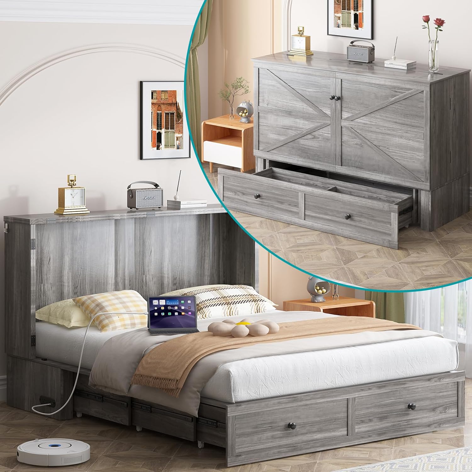 BALUS Murphy Bed with Tri-Fold Mattress Included, Full Murphy Cabinet Beds with USB Charging Station and 2 Storage Drawers, Space-Saving Cabinet Bed for Living Room Bedroom Apartment, Dark Grey