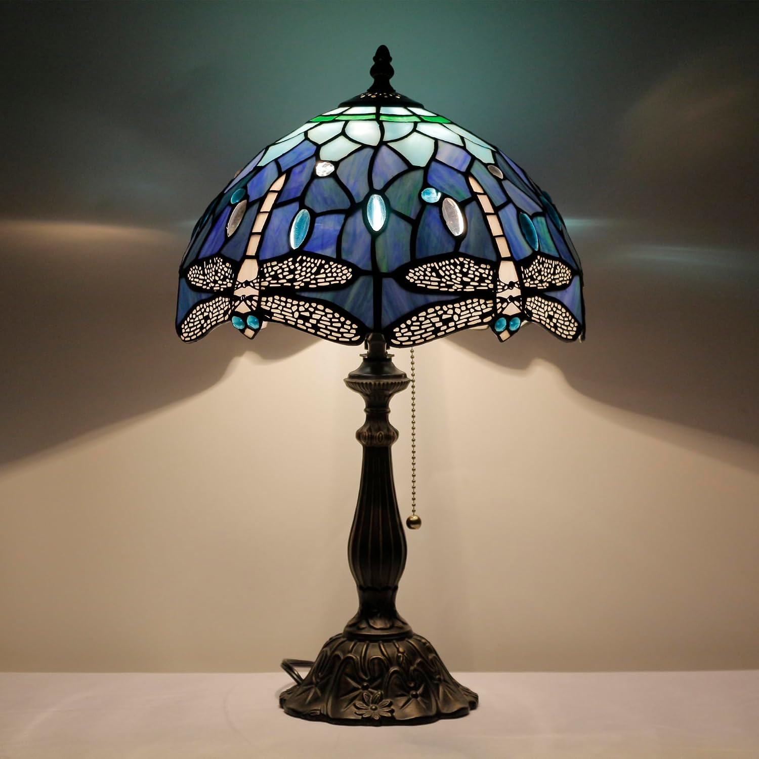 Tiffany Lamp Stained Glass Blue Dragonfly Style Table Lamp Desk Reading Light 12X12X19 Inches with Resin Base Decor Bedroom Living Room