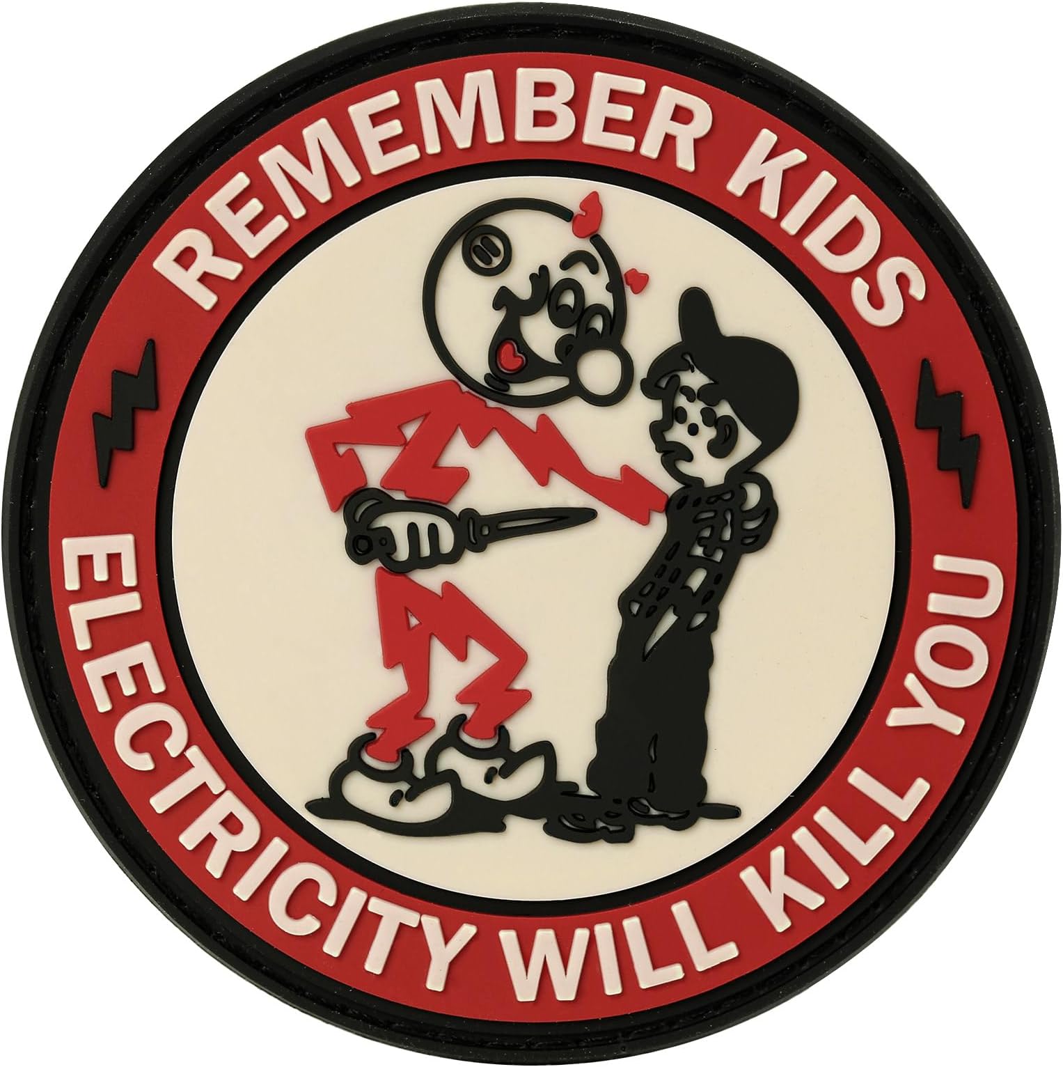 Warning Sign PVC Patch - Remember Kids Electricity Will Kill You, Funny Hook and Loop Patch for Backpacks, Hard Hat, Vest, Gear Bag, Morale Patch for Lineman, Construction, Electrician