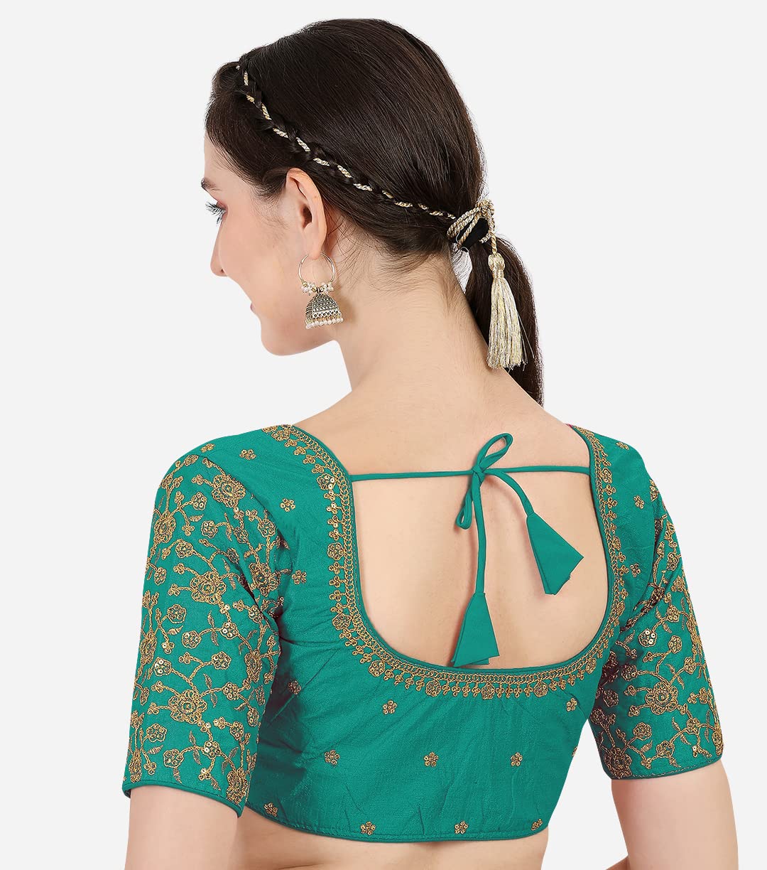 Pujia Mills Women's Phantom Silk Floral Half Sleeve Saree Blouse (Flowerr Blouse_Rama_38 Size+Margin)