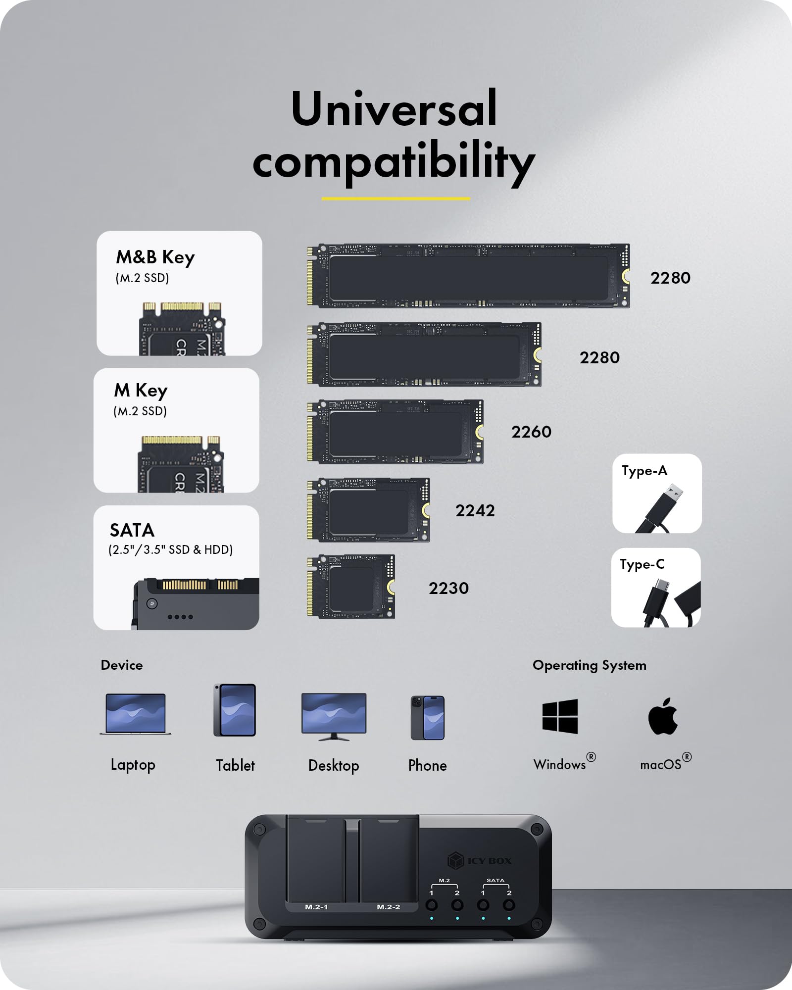 Docking station per dischi rigidi NVMe M.2 e SATA SSD/HDD a 4 alloggiamenti, lettore ICY BOX USB-C 10Gbps NVMe, SATA a M.2 NVMe, docking station per disco rigido 2.5/3.5 fino a 48 TB, interruttori di