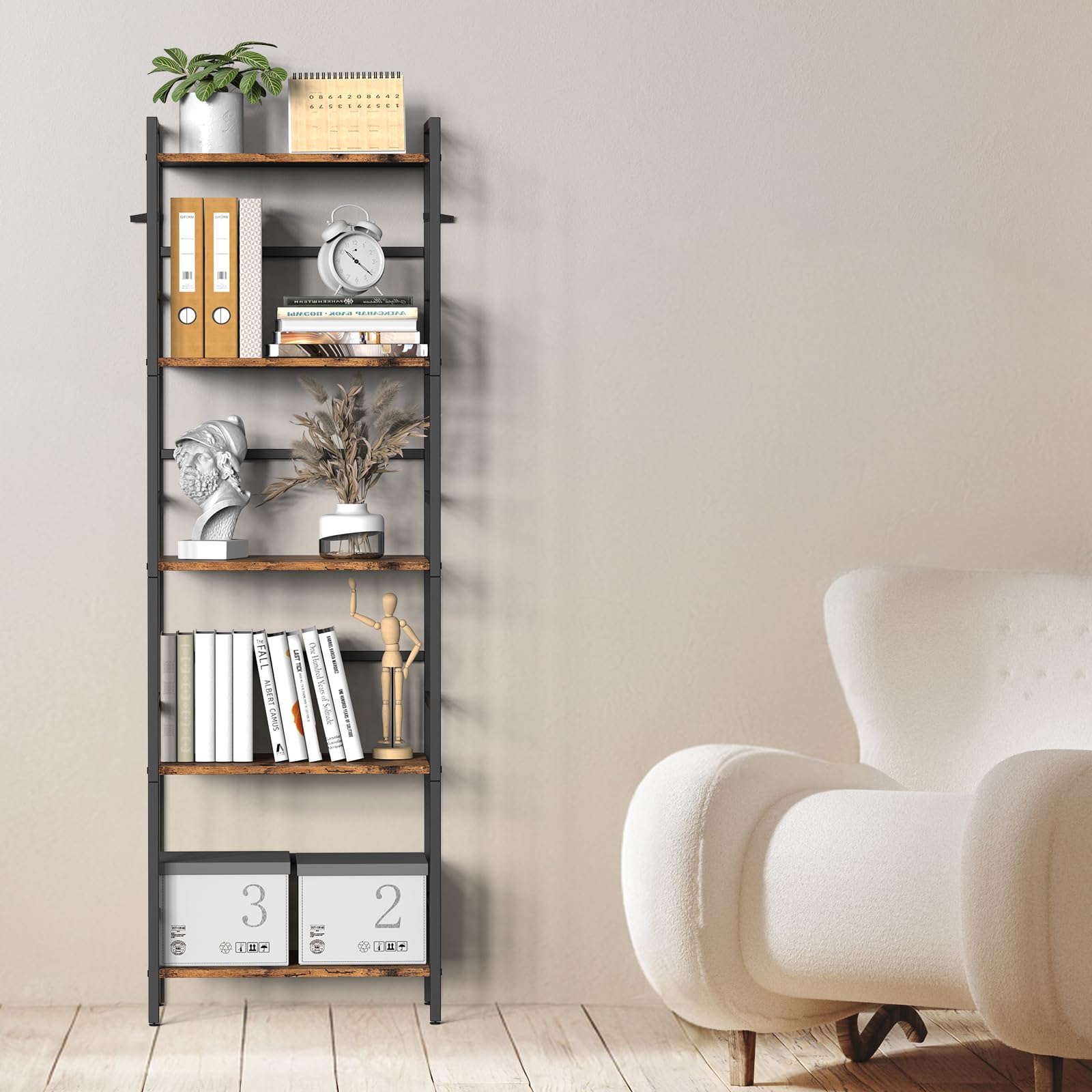 CADUKE Bibliothèque à 5 Étagères, Rack de Rangement Marron Rustique et Noir, Cadre en Bois et Métal, Grande Étagère pour Salon, Chambre, Bureau, Unité de Rangement Ouverte, Design Industriel
