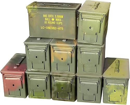 US Military M2A1 - Lata de munición de 50 calibres (paquete de 10)  Contenedores de almacenamiento militares impermeables para munición 5.56 y