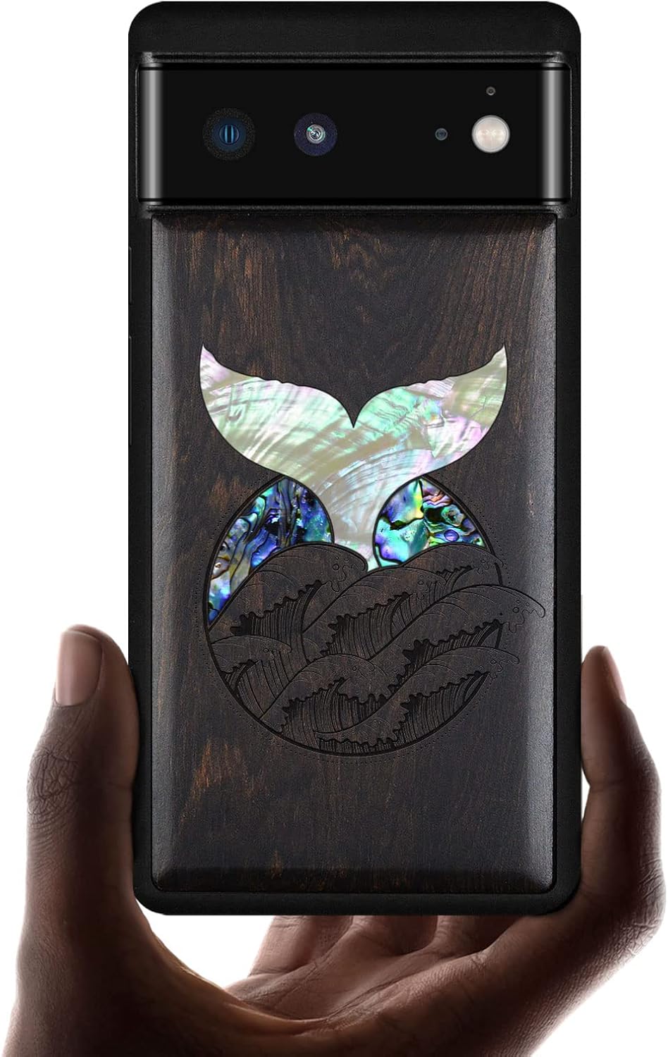 Carveit Designer Wooden Case for Google Pixel 6 Case Protective Cover [Wood Engraving & Shell Inlay] Unique Wood Phone Case Compatible with Wireless Chargers Pixel 6 (Whale Tail-Blackwood)