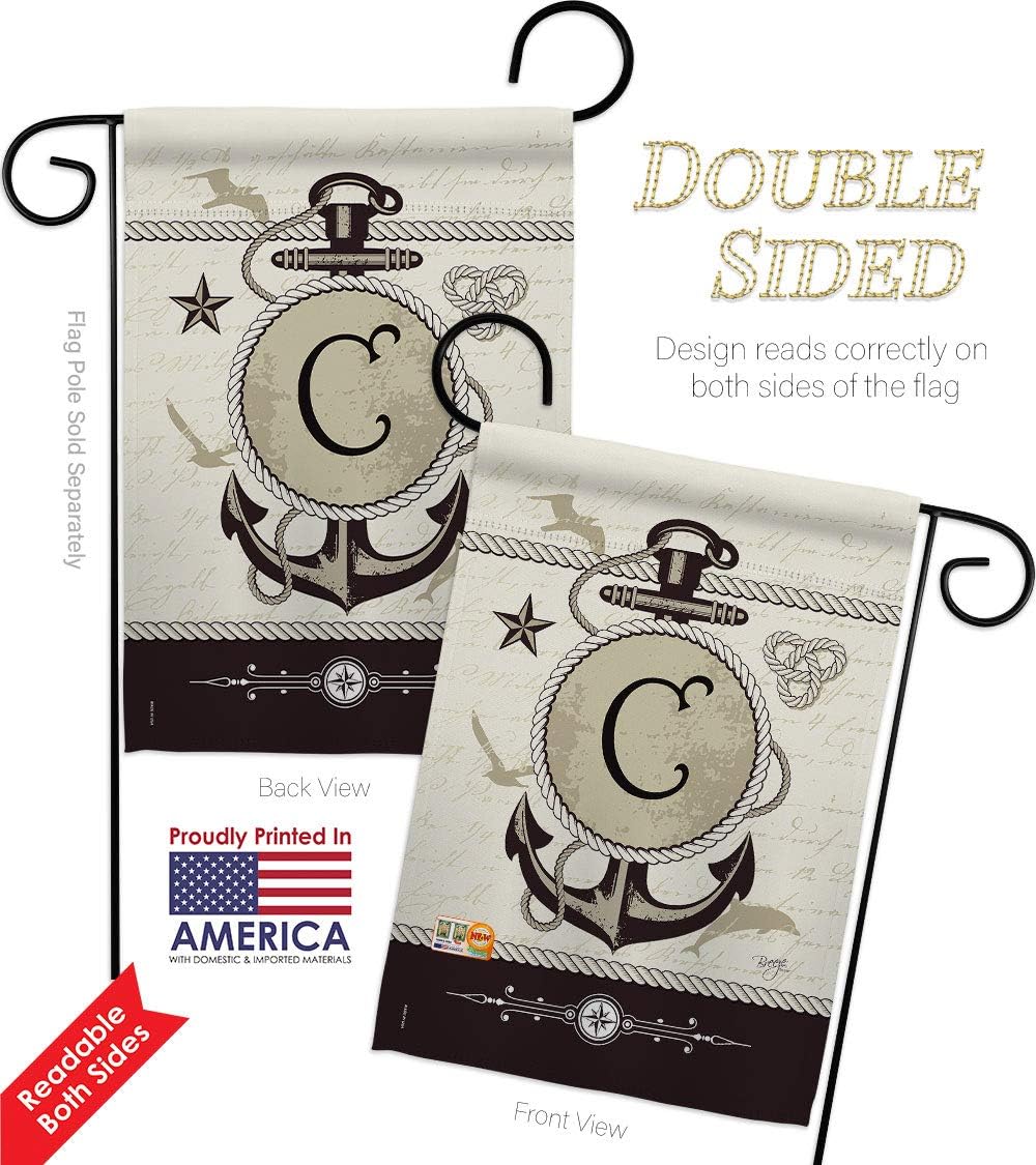 Nautical C Initial Garden Flag Set Wall Holder Monogram Coastal Anchor Sailor Sea Shells Outdoor Summer Ocean Small Decorative Gift Yard House Banner Double-Sided Made In USA 13 X 18.5