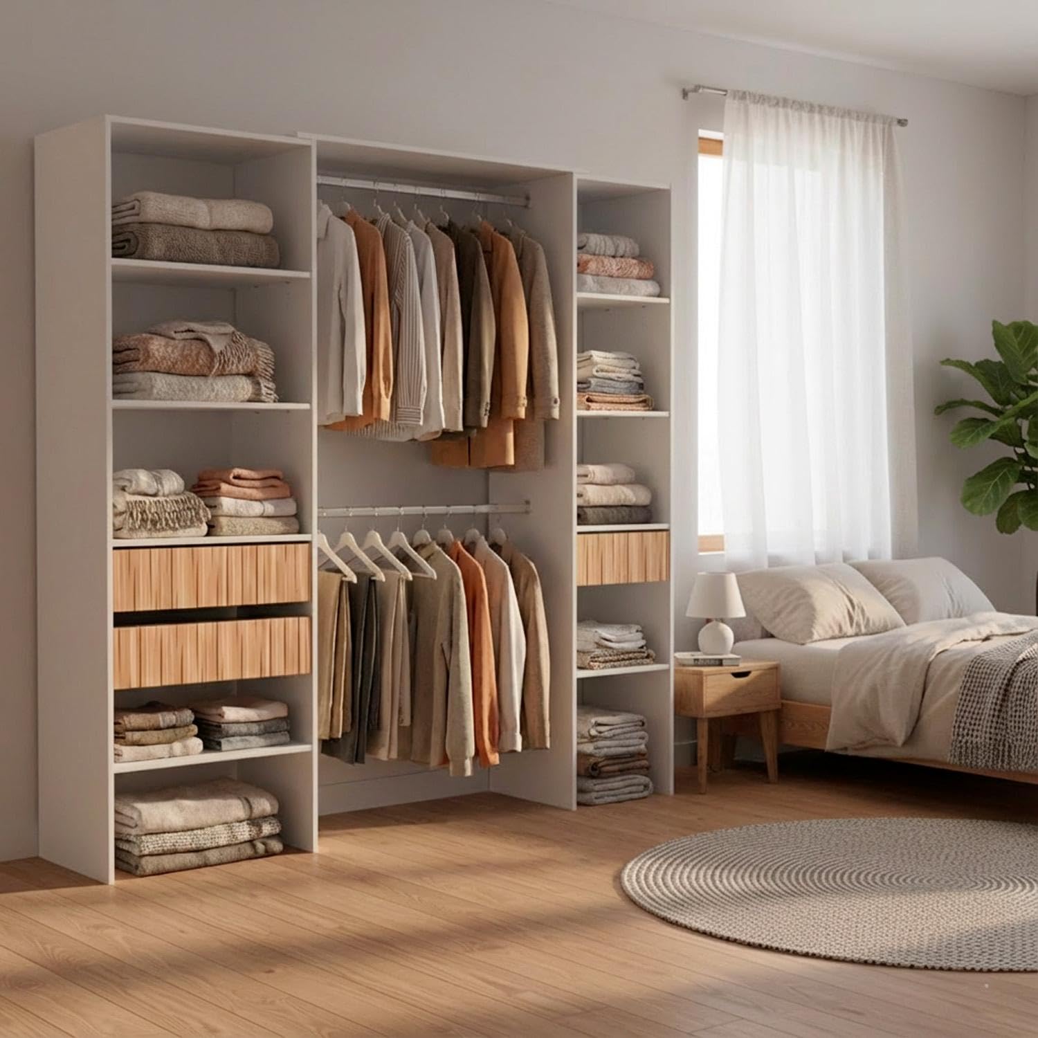 Armadio Guardaroba Aperto Con Ripiani Regolabili 3 Cassetti Doppio Appendiabiti In Alluminio Mobile Armadietto Multiuso Senza Ante Camera Da Letto Cameretta 190 x 187 x 40 Cm Bianco E Rovere Listato