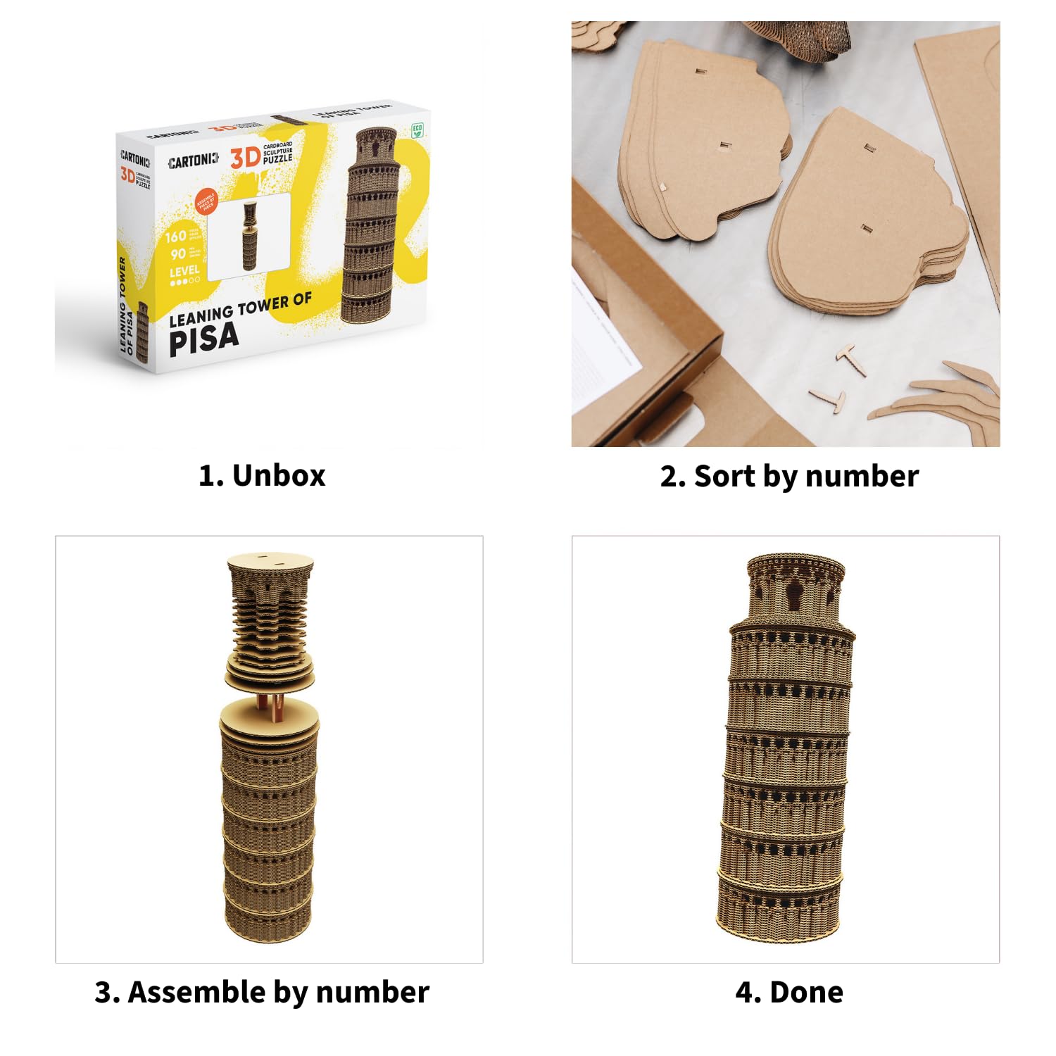 Tour de Pise Puzzle 3D en Carton – Maquette à Monter | 160 Pièces, 24 × 9 × 9 cm – Kit Sculpture DIY à Peindre, Matériaux Recyclés, Ados & Adultes, Idée Cadeau Déco