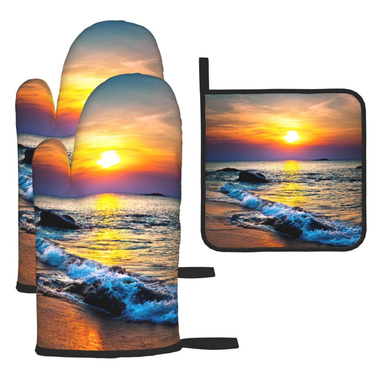 Beach And Sunset Print Oven Set Kitchen Gloves Baking Grilling Microwaving Cooking Gift Everyday Holiday