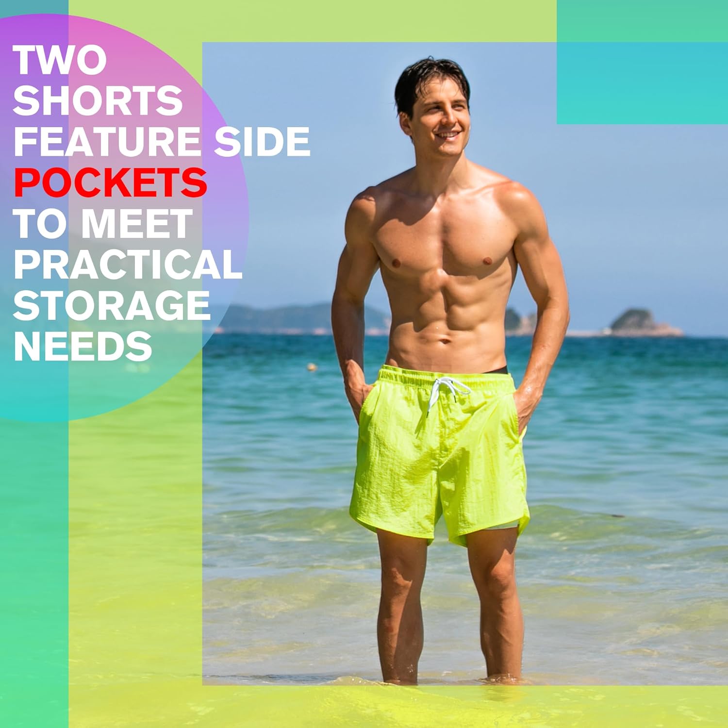 BRISIRA Mens Swim Trunks Neon 5" Bathing Suit Compression Liner Nylon Swim Shorts Beach Swimsuit Swimwear Quick Dry Pockets - Image 4