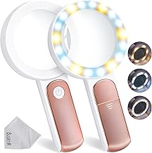 BUSATIA Loupe grossissante 30 x, 18 LED, Grande loupe de Poche avec lumière, 100 mm, 3 Modes, loupe Lumineuse pour Lecture, Loisirs (Blanc + Or Rose.)