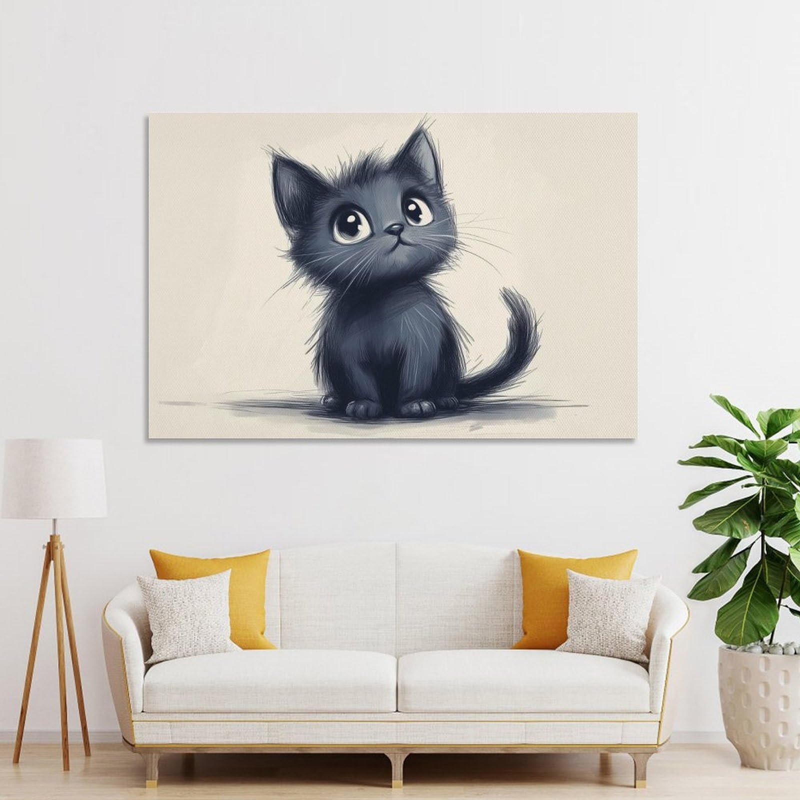 Junmoney Room Decor Wall Art Cute Black Kitten Illustration, 24x36inch(60x90cm), for Flats, Guest Rooms Or Compact Rooms, Wall Decor with Flexible Room Appeal
