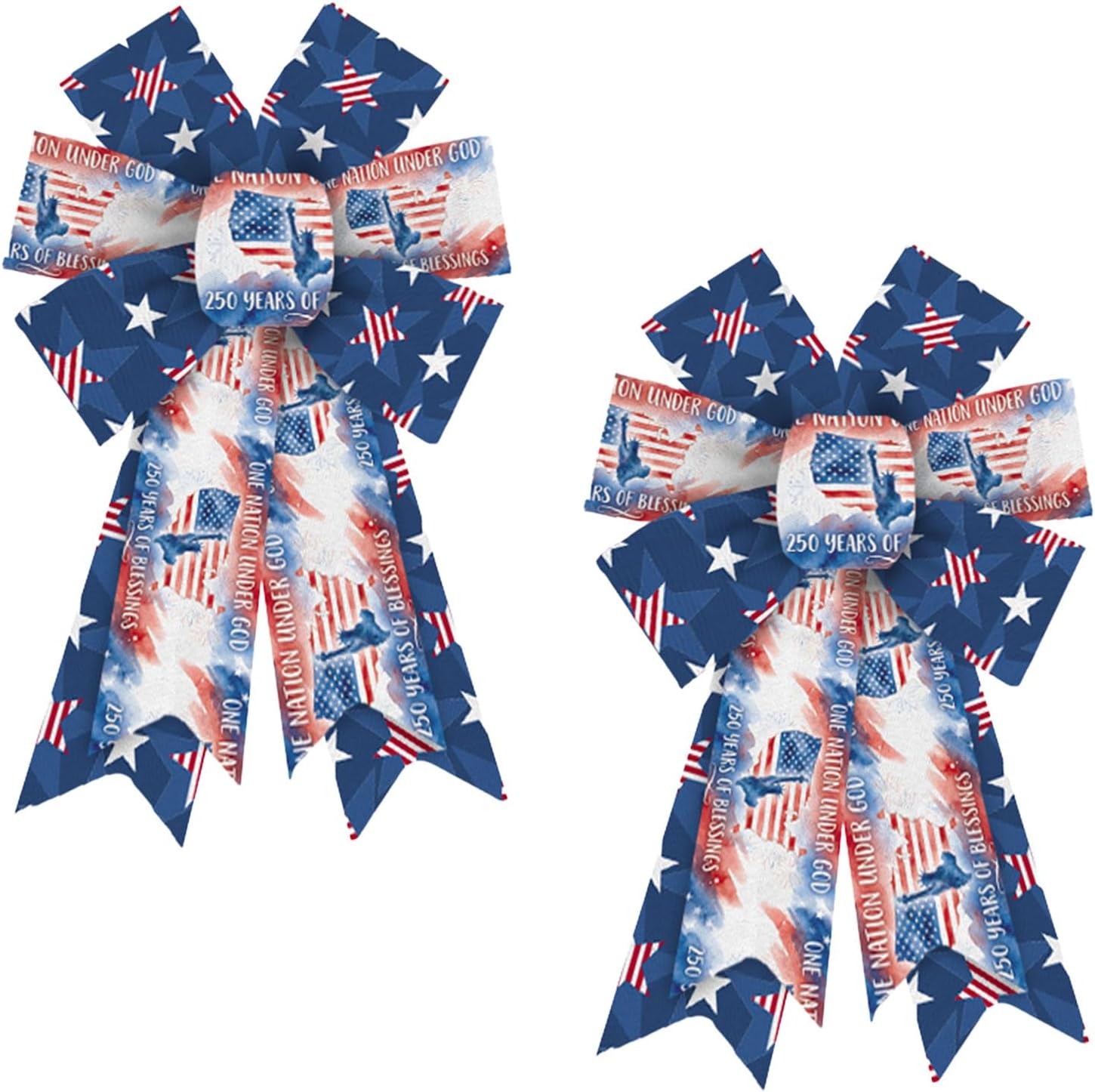 2PCS USA 250th Anniversary Bows for Wreath， 4th of July Wreath Bow for Front Door Independence Day Patriotic Decor Red Blue Star Bow for Indoor Outdoor Tree Topper Decoration Supplies Ornament