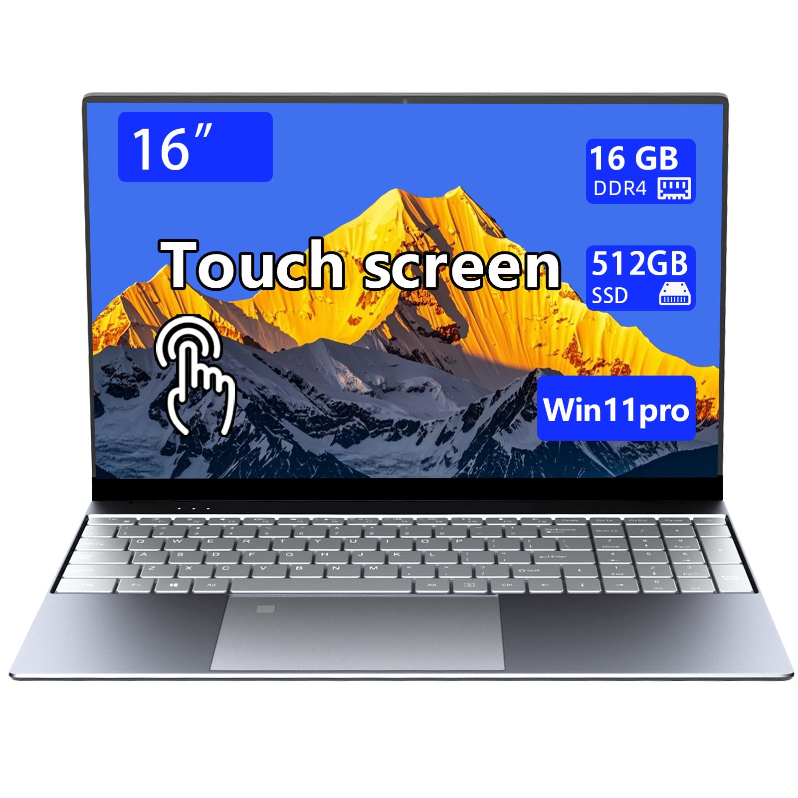 16-inch touchscreen portable laptop, with high-end all-metal body,16GB DDR4+512GB SSD, N95 quad-core 3.4GHz processor, fingerprint recognition and backlit keyboard,1920×1080, supports WiFi,Win11