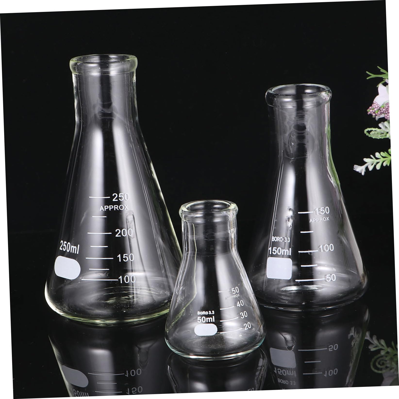 VILLCASE Frasco de Vidrio Científico de 3 Piezas Matraz Erlenmeyer de Boca Estrecha para Accesorios de Experimento de Escuela de Laboratorio de Estudiantes (50 Ml 150 Ml 250 Ml)