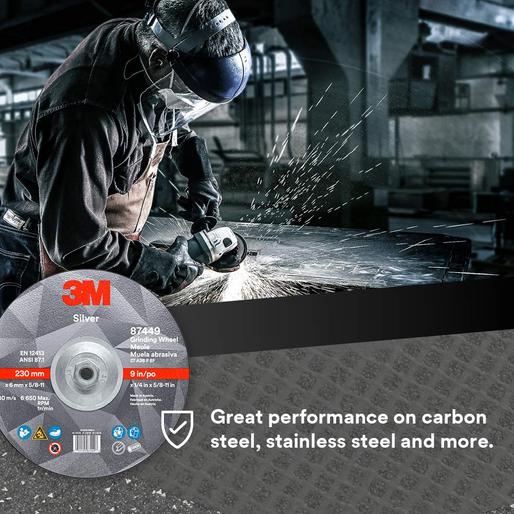 3M Silver Depressed Center Grinding Wheel, 87449, T27 Quick Change, 9 in x 1/4 in x 5/8 in-11, Pack of 10, Deburring Edges, Heavy Stock Removal, Stainless Steel, Mild Steel, Right Angle Grinding