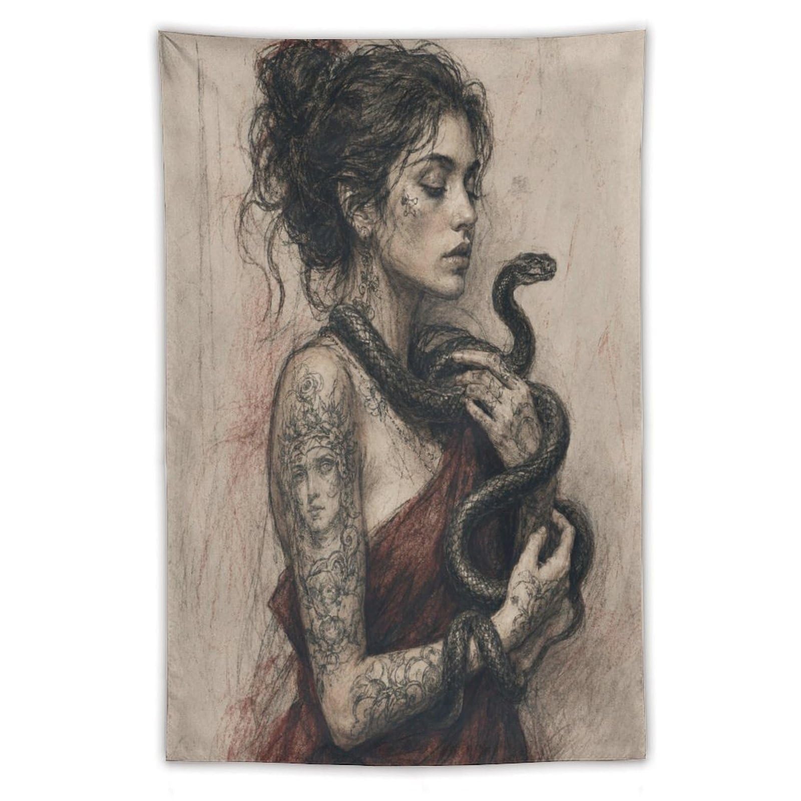 H3B8U2Y5 Snake Woman Portrait Wall Tapestry, Realistic Illustration