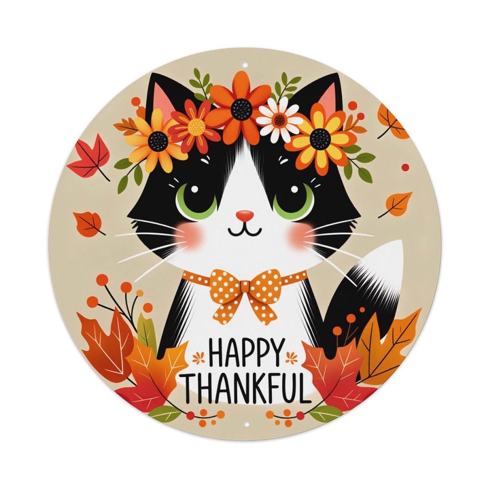 Cute Cat Autumn Flowers Leaves Round Tin Sign Vintage Style Metal Sign Home Bar Garden Wall Plaque Decor Metal Poster 8x8 Inch