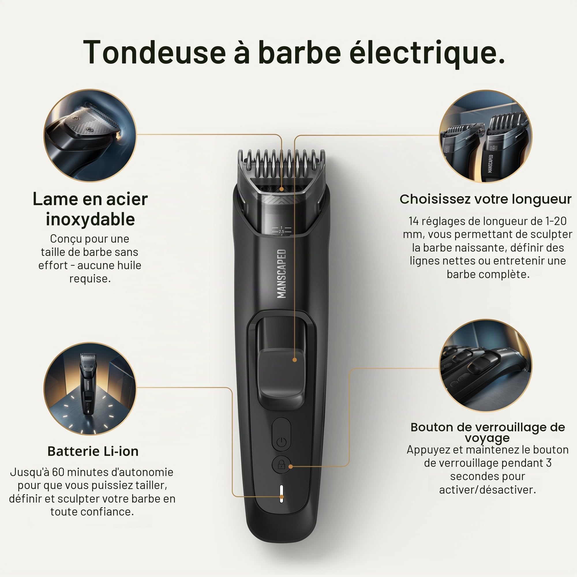 MANSCAPED® The Beard Hedger® PLUS, Tondeuse à barbe et moustache réglable pour homme avec 14 hauteurs de coupe (1–20 mm), lame en acier inoxydable, verrouillage de voyage, rechargeable par USB-C