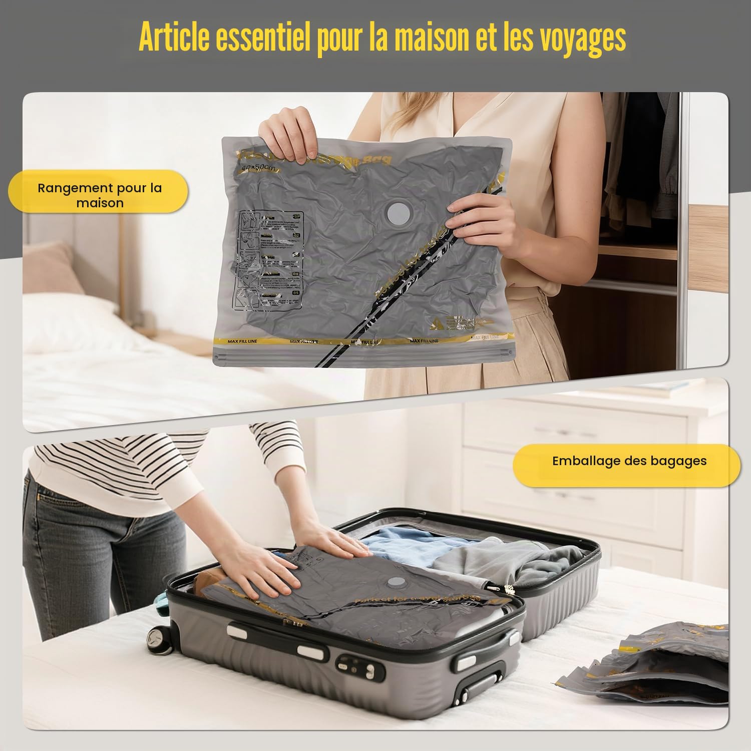 Sac Sous Vide Vetement avec Pompe Sans Fil, 15 Pièces Sac Compression Voyage (5*40x40cm, 5*40x50cm, 5*40x60cm), Gain de 80 % d'espace, Convient pour Les Valises de Voyage et Le Rangement à Domicile