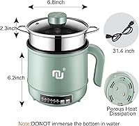Vista 6 de Mini olla caliente inteligente con temporizador y apagado automático 1.2L antiadherente rápido cocina de fideos con cesta de vapor de acero