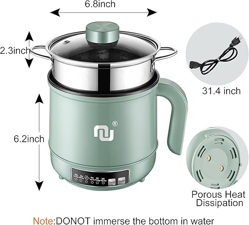 Miniatura 6 de Mini olla caliente inteligente con temporizador y apagado automático 1.2L antiadherente rápido cocina de fideos con cesta de vapor de acero