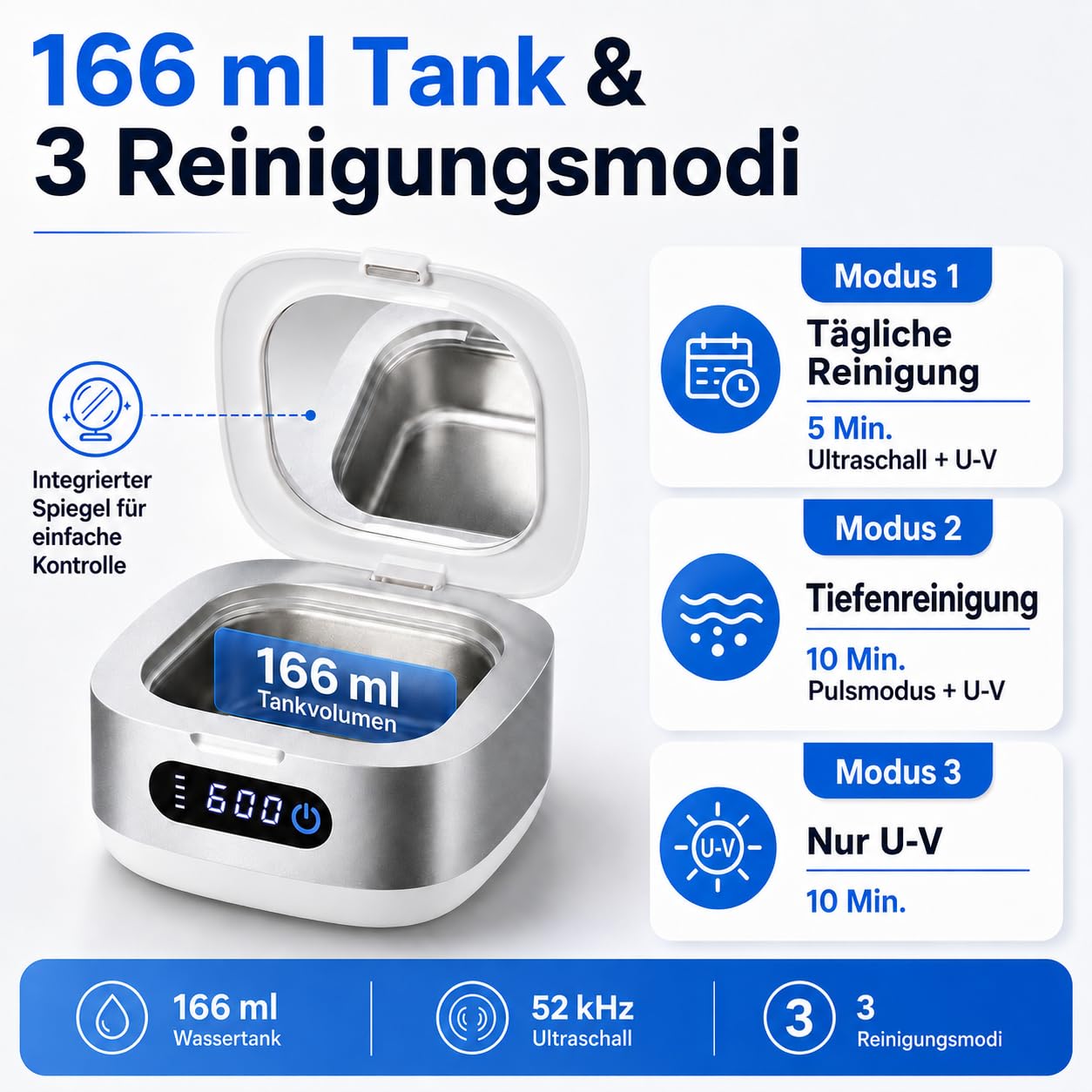 Voraiya Ultraschallreiniger für Zahnschienen Ultrasonic Cleaner mit 4000mAh Akku IPX6 Wasserdichtes Ultraschallreinigungsgerät 166ml Ultraschallbad für Aligner, Zahnspangen, Zahnersatz & Reisen