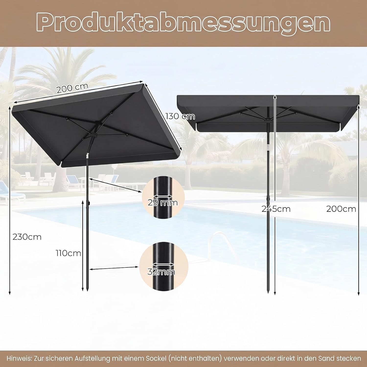 RELAX4LIFE Petit Parasol de Balcon Rectangulaire 200x130cm Inclinable, Gris
