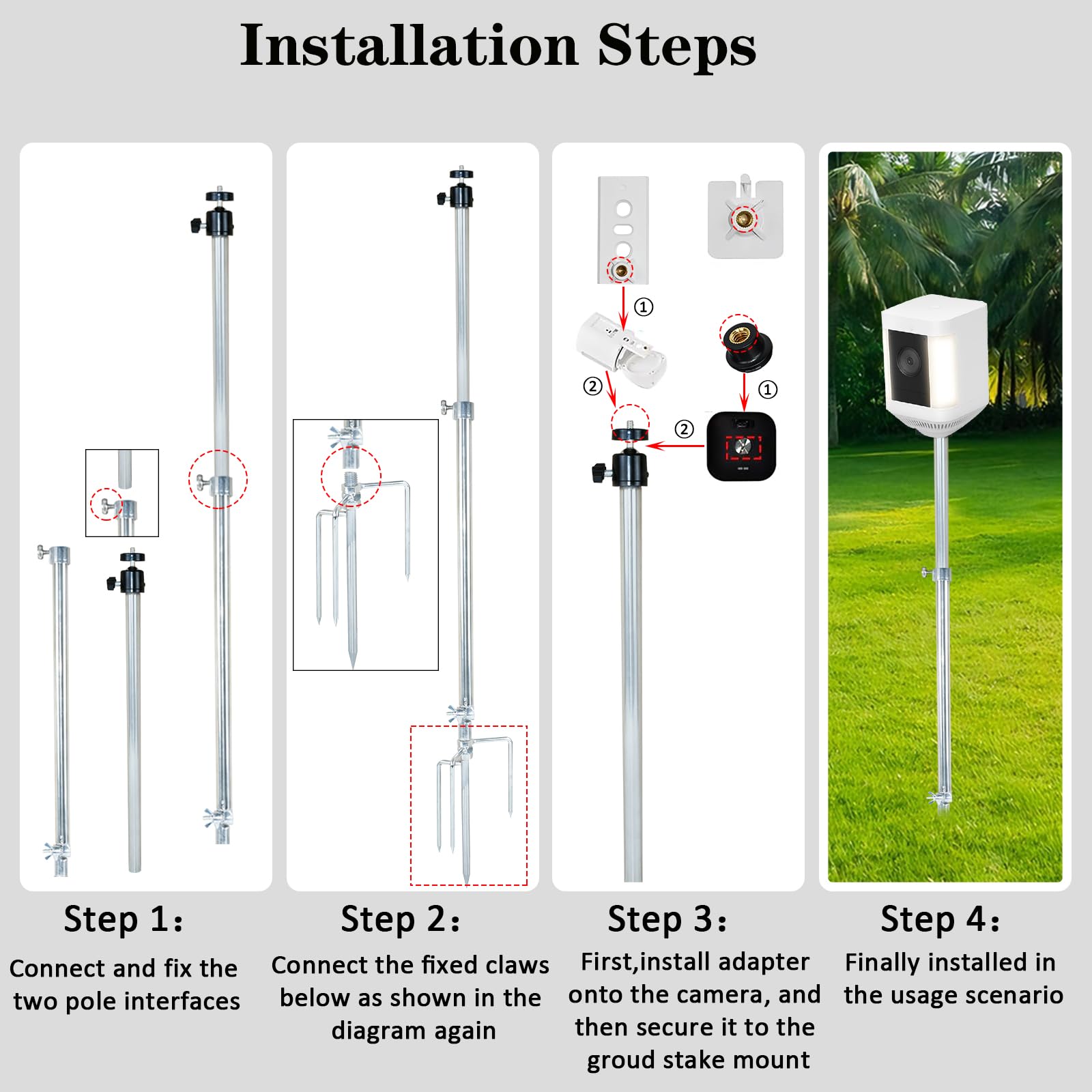 Lot de 2 supports de fixation au sol pour caméra de sécurité compatibles avec Ring, Blink, Arlo, Wyze, Google Cameras et panneaux solaires Ring, support de poteau extérieur avec angle et hauteur