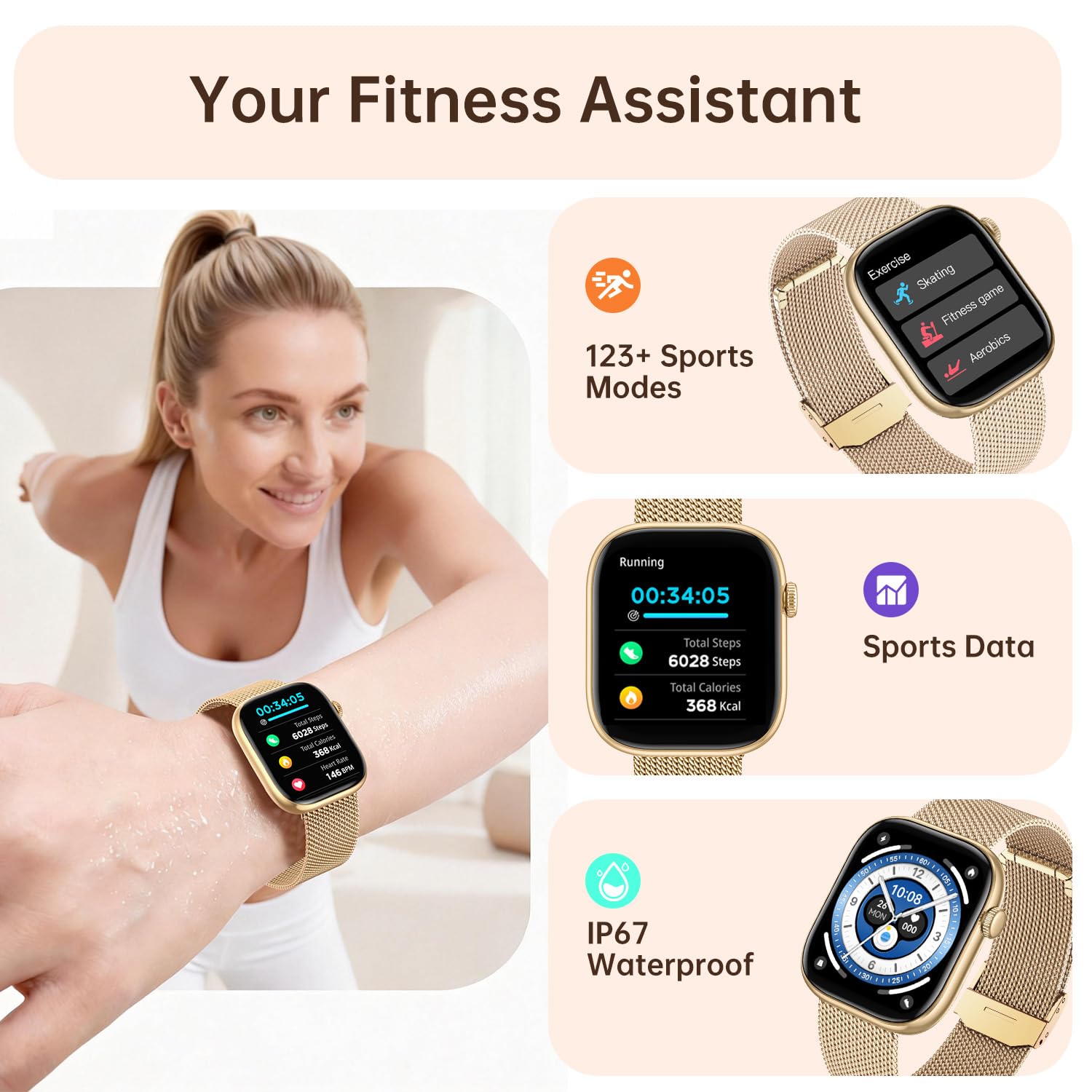 Smartwatch Mujer Reloj Inteligente con Llamada: 1.83'' Digital Smart Watch con Bluetooth Impermeable IP67 Monitor de Estrés Frecuencia Cardíaca Sueño Modo Deportivo 3 correas de reloj para Android iOS — view 4