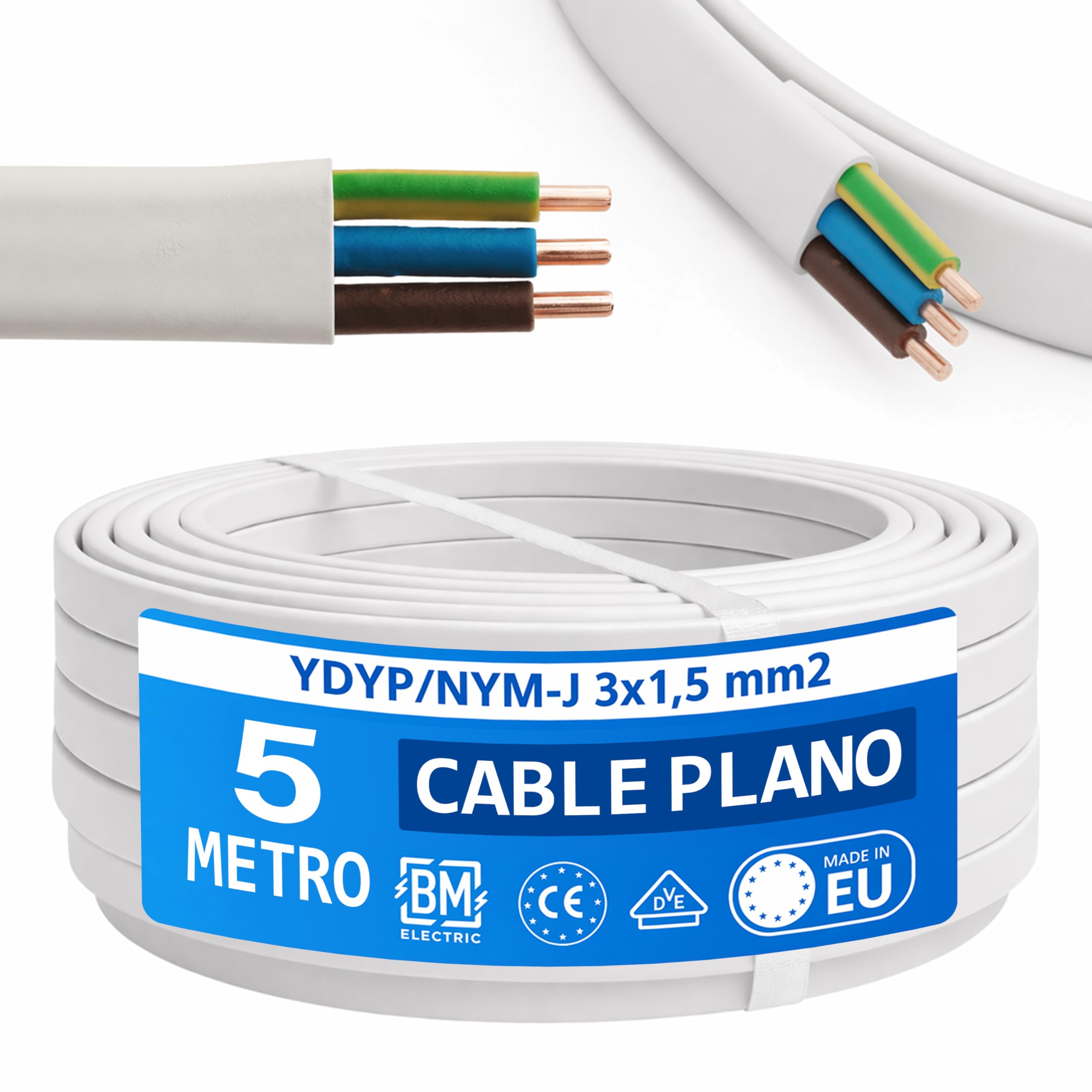 NYM - Cable YDYp de 3 x 1,5 mm² – Cable de alimentación tripolar, cable plano de 5 m, 10 × 5 mm, pasaventanas, cable para ambientes húmedos, conductor de cobre macizo, 300/500 V