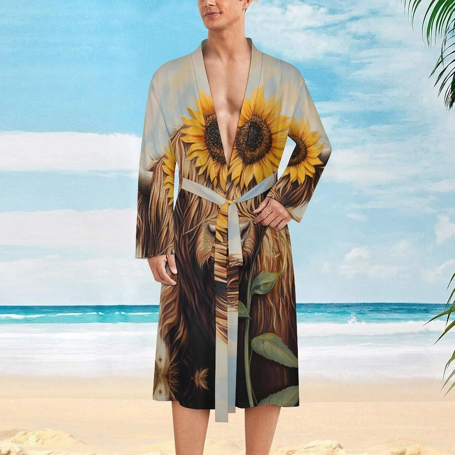 Highland Cow with Sunflower Mens Robe Long Bathrobe for Women Bath Robes Lightweight Soft Printed Sleepwear