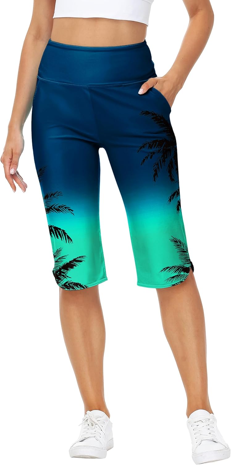 AOBUTE Womens Swim Capris Pant Sun Protection High Waisted Swimming Leggings with Pockets (No Lining)