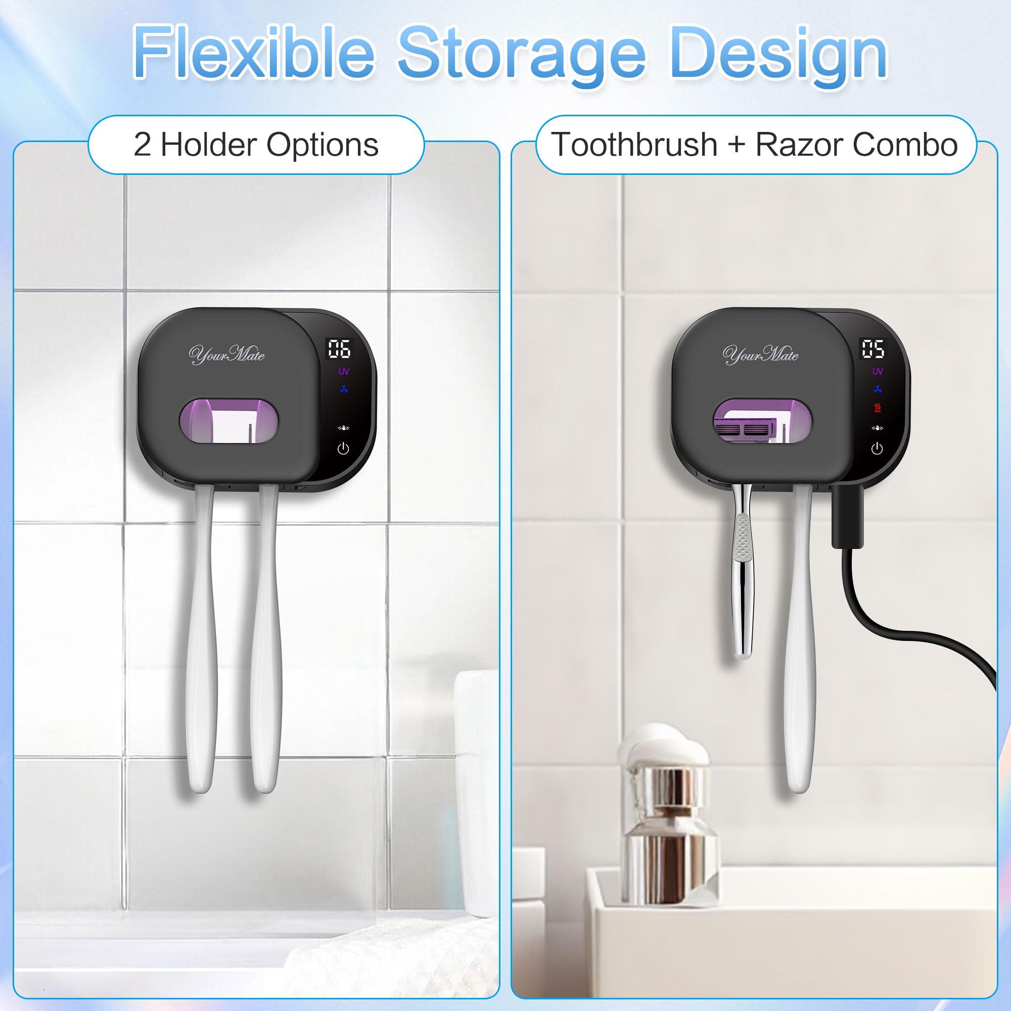 YourMate Portaspazzolino per bagno, ricaricabile, da parete, con coperchio e ventola con sensore intelligente, pulizia automatica 5 minuti, 2 slot di tipo