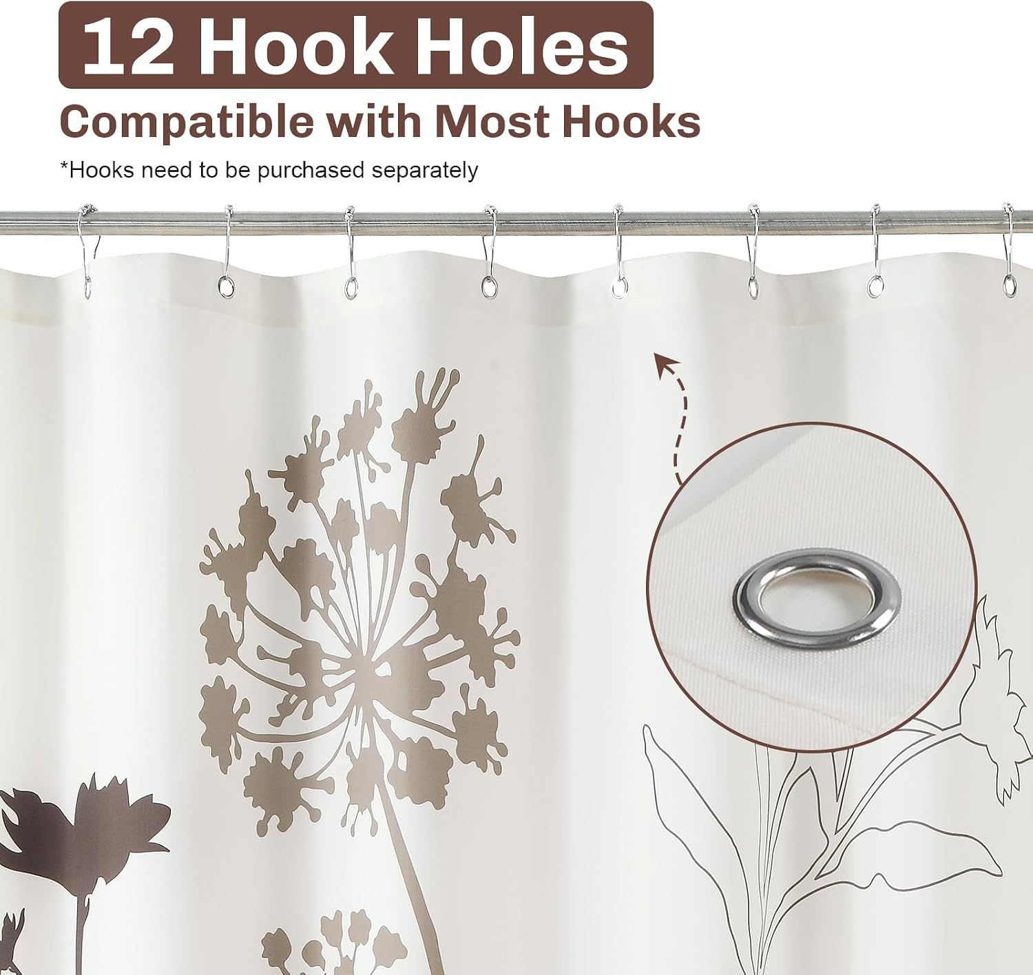 Floral Fabric Shower Curtain,Brown and Beige Curtains Printed Tan and Yellow Plants Farmhouse Decorative for Bathroom,72" W x 72" H