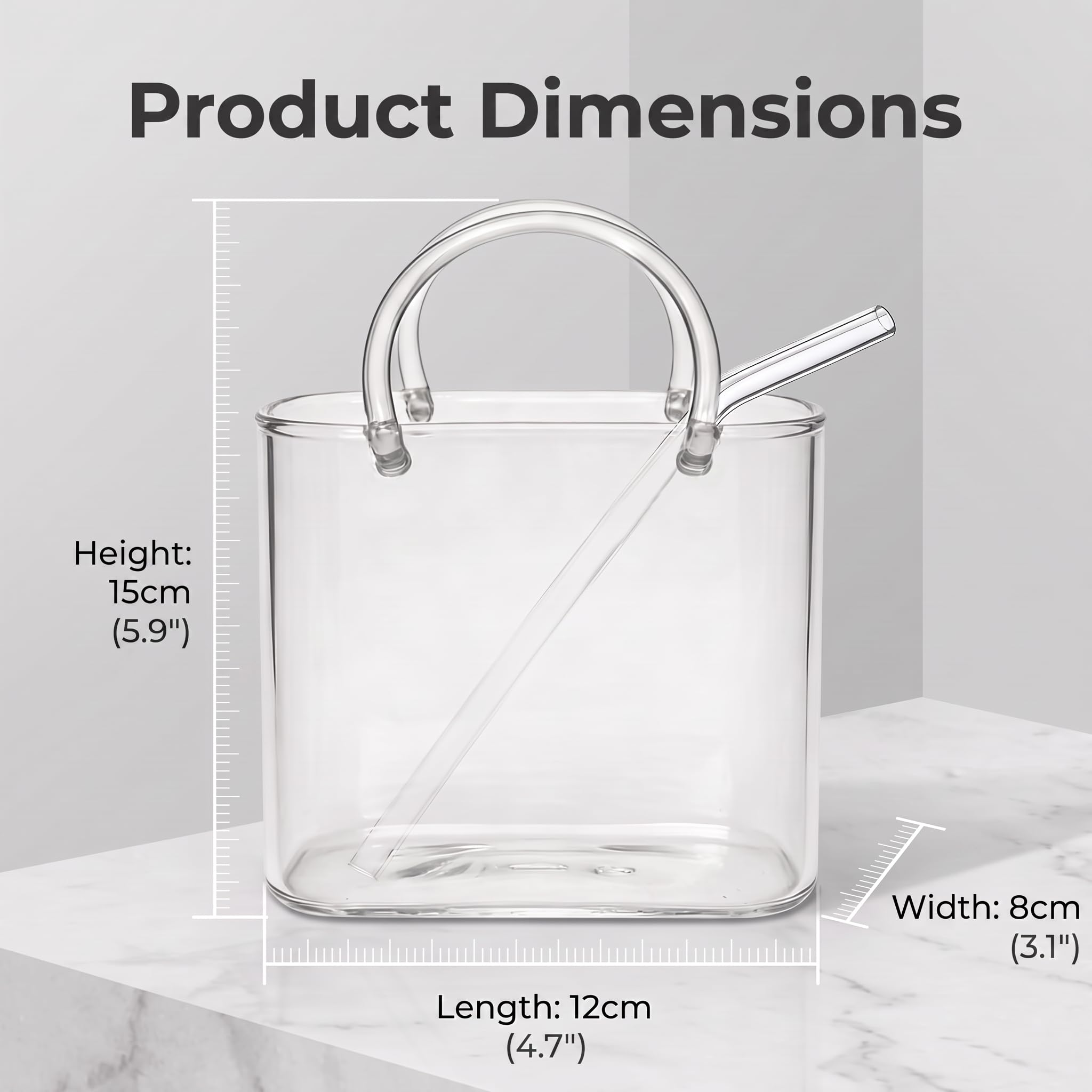Verre Sac à Main avec Paille, 770ml Verre Cocktail Forme de Sac à Main, Grand Verre Transparent pour Jus, Thé, Café, Smoothie et Composition Florale pour Maison, Bureau et Fête