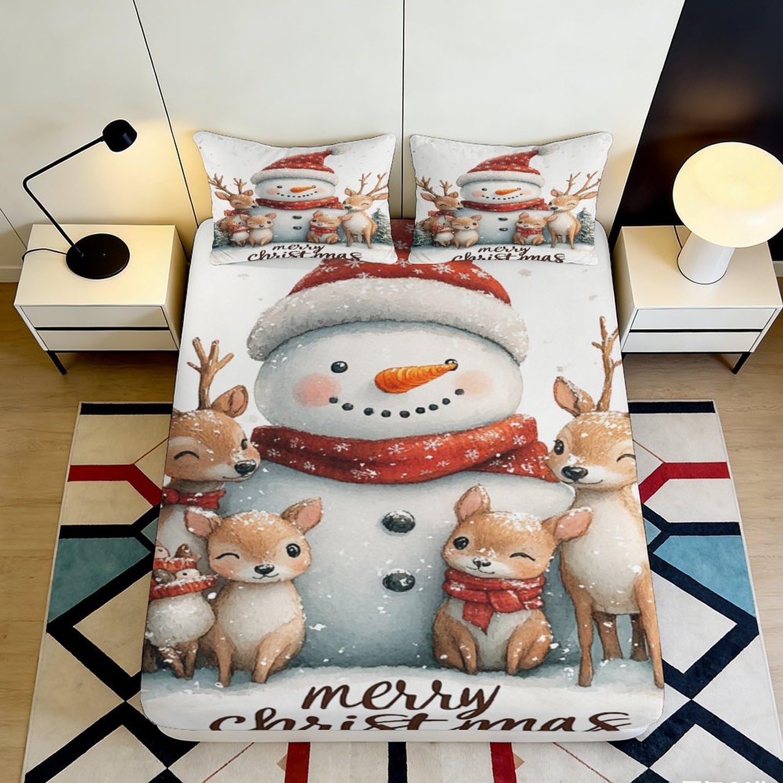 3D Printed Snowman Christmas Fitted Sheet Microfiber Soft Breathable Reindeer Mattress Cover for Bedroom Dorm Decor 180x200x25cm