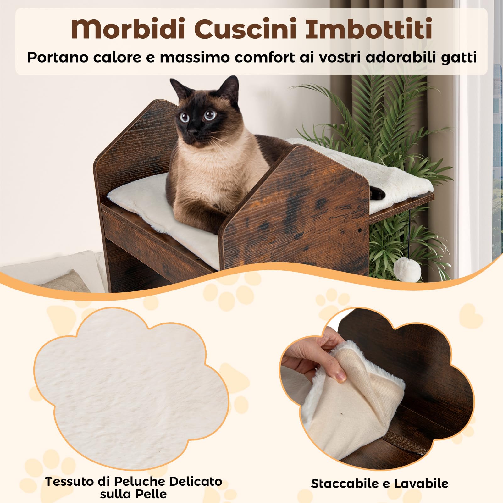 COSTWAY Albero per Gatti Alto 120 cm, Tiragraffi per Gattini in Legno con Posti Graffianti in Sisal, Palline Pendenti, Cuscini Morbidi e Piazzola, Tiragraffi Gatto per Arrampicata