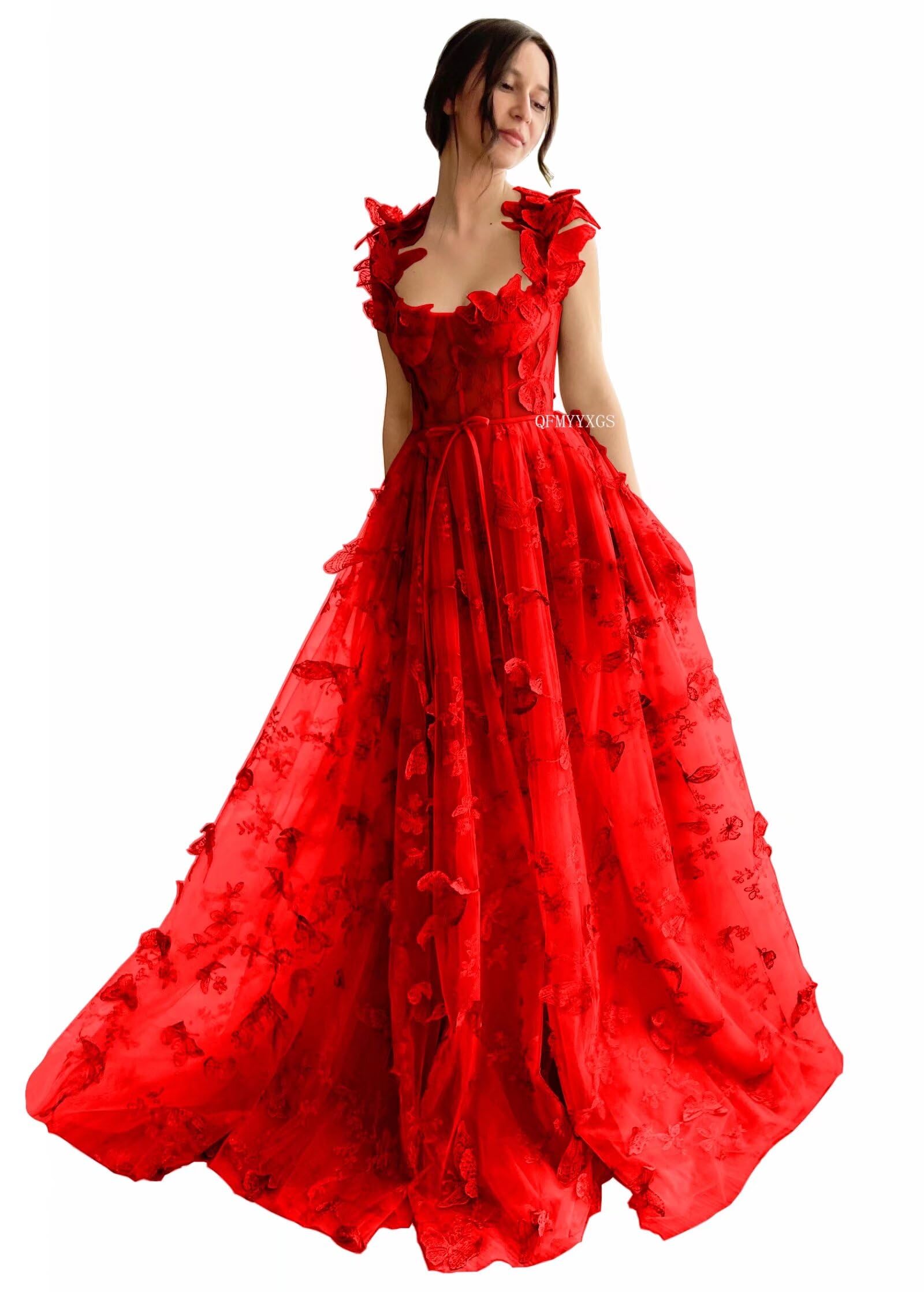 3D Butterfly Tulle Prom Dresses for Women 2025 Long Lace Applique Ball Gown Formal Evening Party Gown with Slit