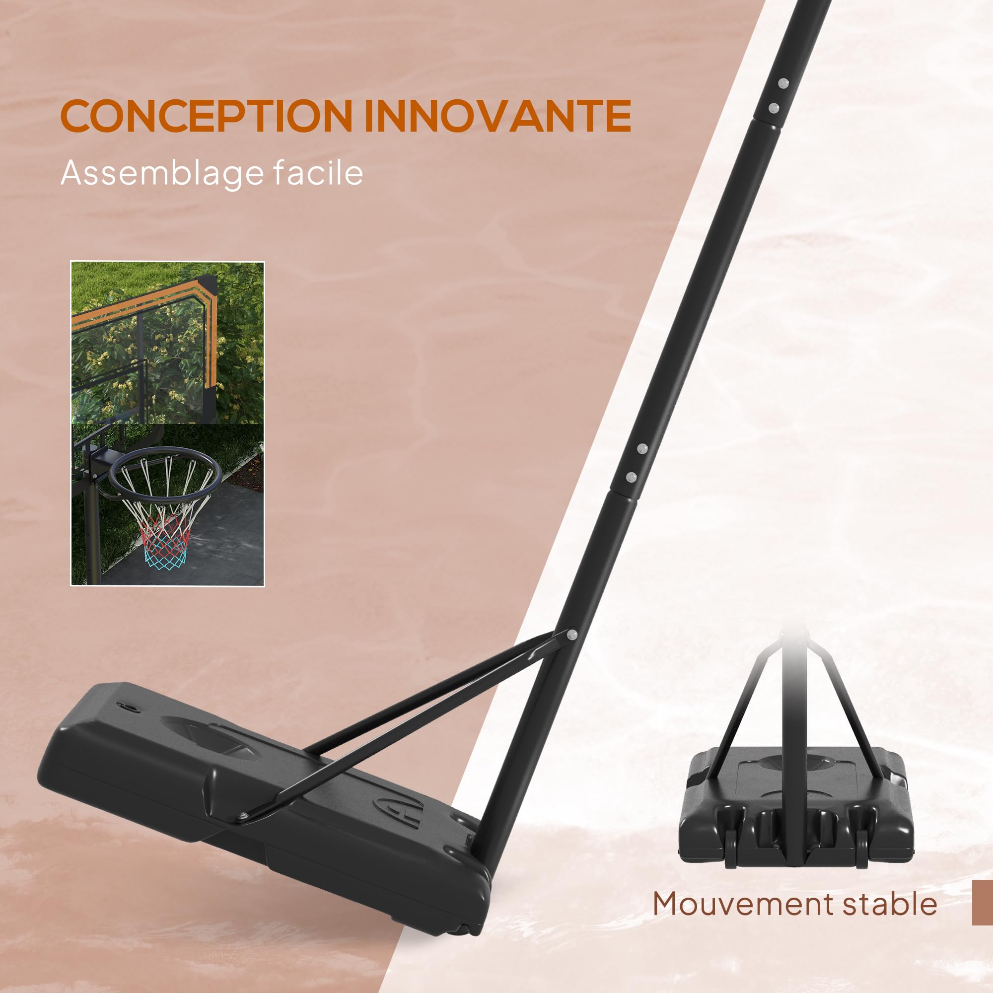SPORTNOW Panier de Basket sur Pied, Hauteur réglable 235-264cm, Panier de Basket-Ball avec Base lestée, roulettes, Panneau arrière Solide, Noir