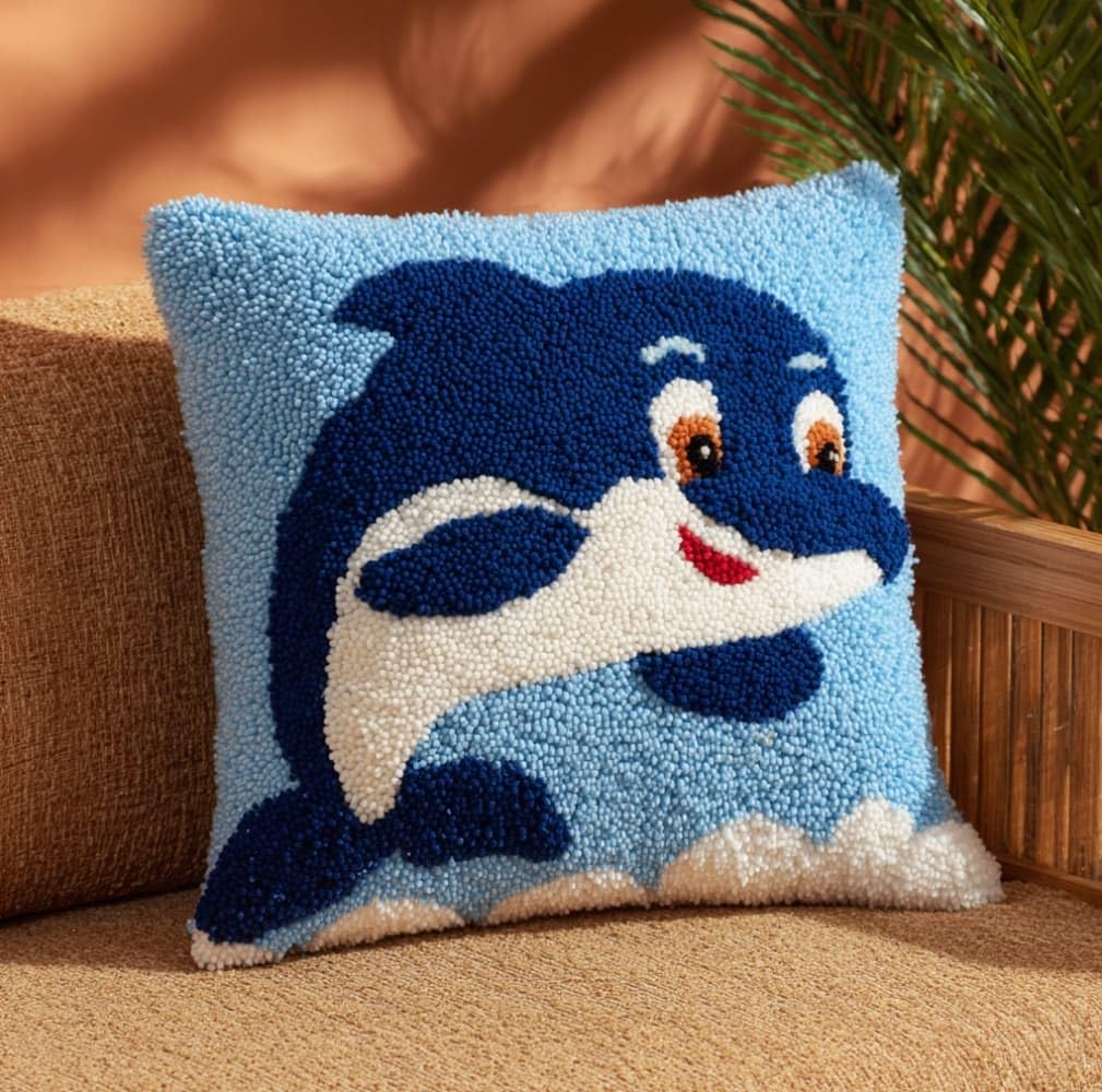 AxiangziK Latch Hook Kits for Adults Beginners 17x17in,Cute Dolphins Creative Latch Hook Pillow Kit with Preprinted Canvas for Home Decoration and Present 43x43cm