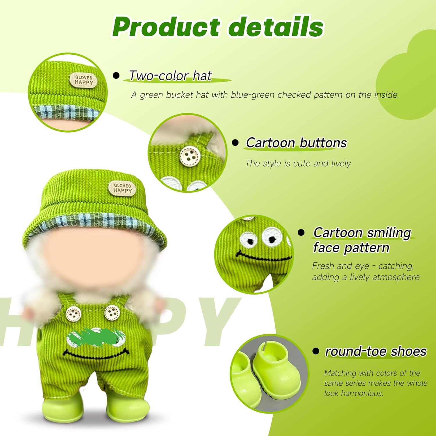 17cm Doll Clothes Set (3PC): Happy Fisher Hat, Green Smile Print Overalls w/ Cartoon Buttons, Green Shoes, No Doll Included (Style E)
