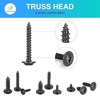 540pcs M2.3 M3 M4 Phillips Truss Head Tapping Screw Wafer Head with Washer, Self Tapping Screw Assortment Kit, Black Carbon Steel.