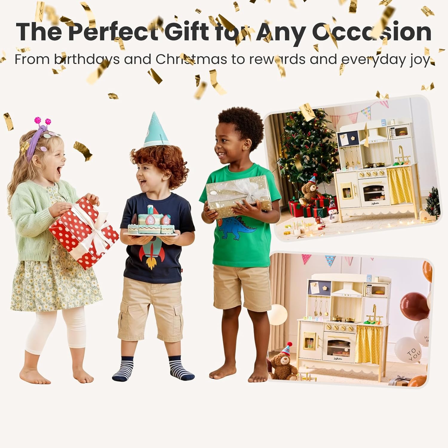 Wooden Play Kitchen for Toddlers, Modern Kids Kitchen Playset with Realistic Lights & Sounds, Toy Kitchen Set with 25 Pcs Accessories, Pretend Play for Girls & Boys Ages 3+, Cream White