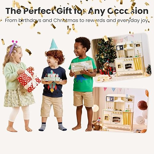 Miniatura 6 de Cocina de juego para niños, moderno juego de cocina para niños pequeños con luces y sonidos, juego de cocina de juguete de madera con 25 accesorios,