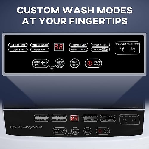 Miniatura 4 de HOMCOM Lavadora portátil, 1.3 pies cúbicos, lavadora compacta con 8 programas, 6 niveles de agua, pantalla LED y bloqueo para niños, lavadora