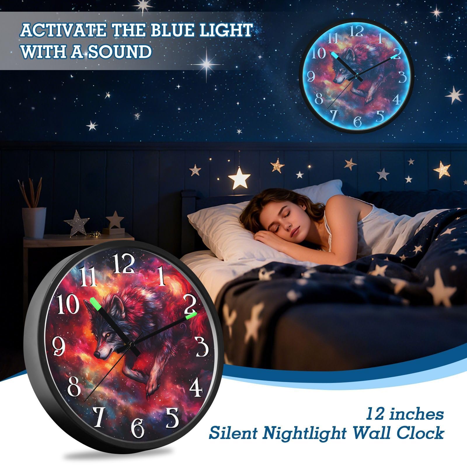 Mnsruu Reloj de pared luminoso con diseño de galaxia y cielo estrellado, funciona con pilas, silencioso, brilla en la oscuridad, para sala de estar, cocina, 30,5 cm