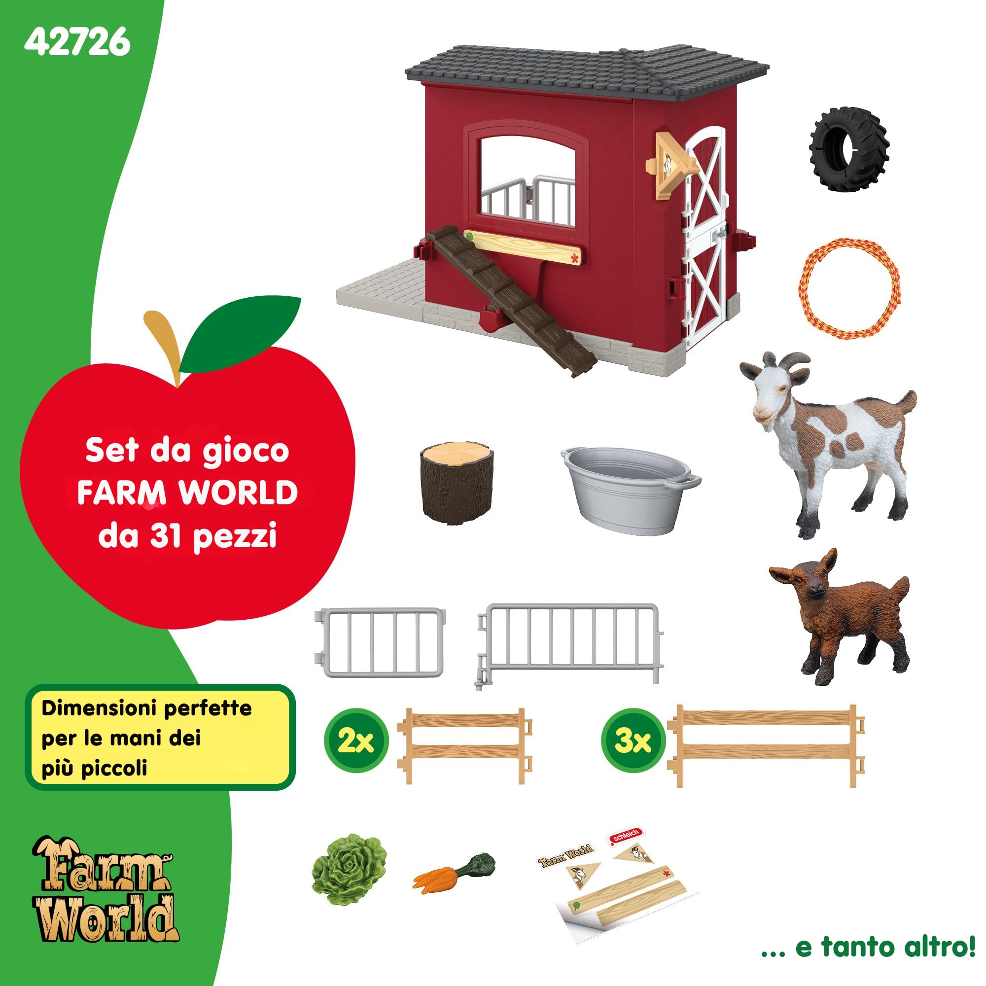 Schleich Farm World | Stalla delle capre 42726 | dai 3 Anni | 31 Pezzi | Set con stalla, capra, capretto, recinto & accessori | Figure di animali realistiche | Idea regalo bambini | Giocattolo fatto