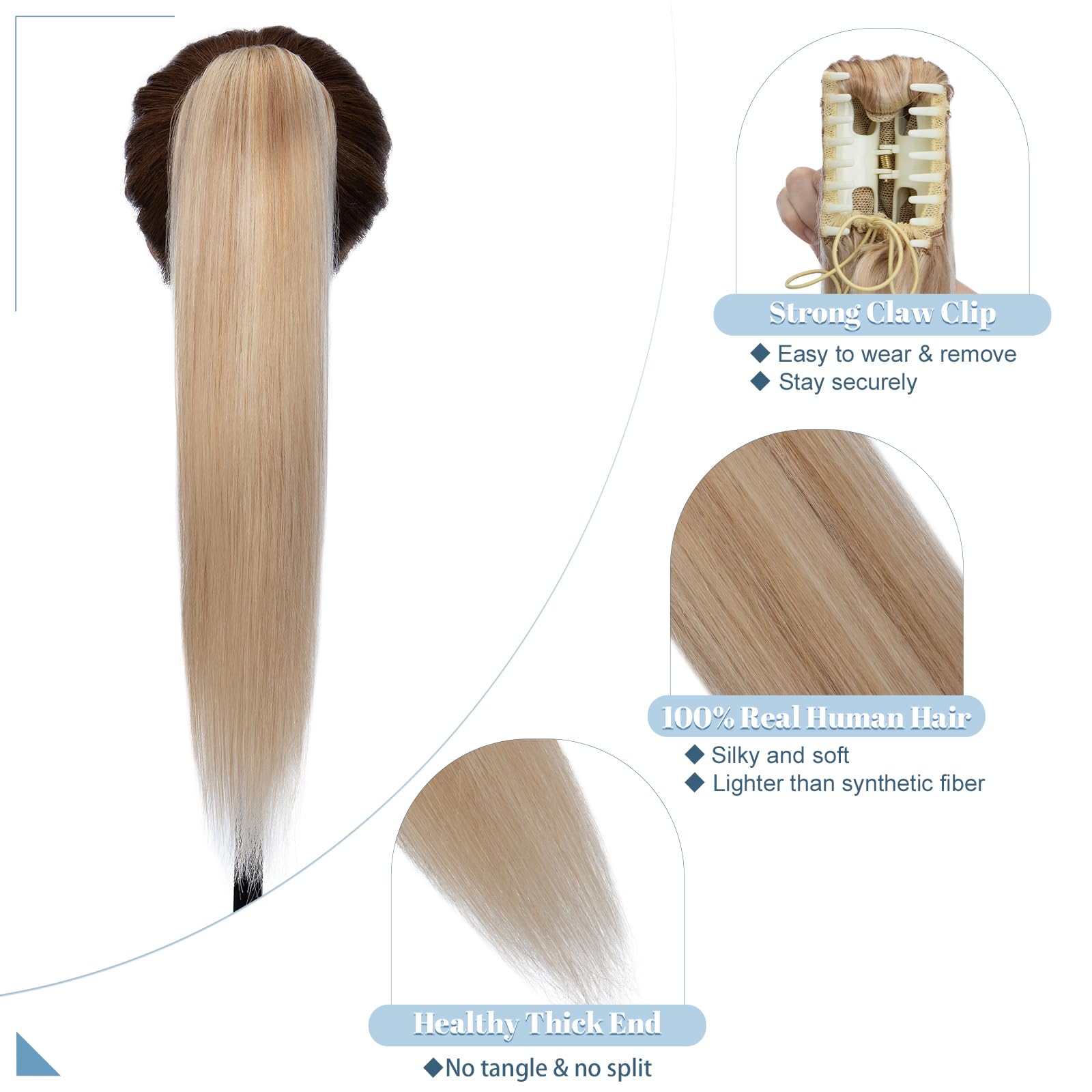 SEGO Ponytail Extension Echthaar Pferdeschwanz Zopf Clip in Haarteil Haarverlängerung 100% Remy Haar mit Klammer Honigblond/Hellblond #18p613 14"(35cm)-105g